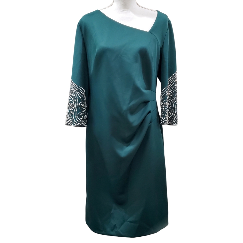 IGNITE EVENINGS Ruched Waist Beaded Sleeve Cocktail Dress Green Sz. 16